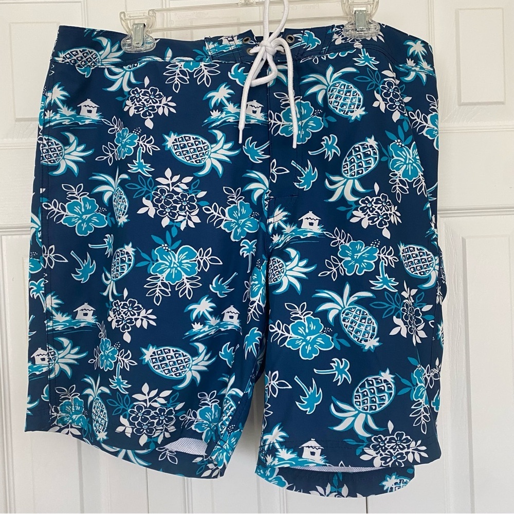 J Crew‎ Swim Trunks Men’s 38 Blue Pineapple Hawaiian Lined Flex Beach